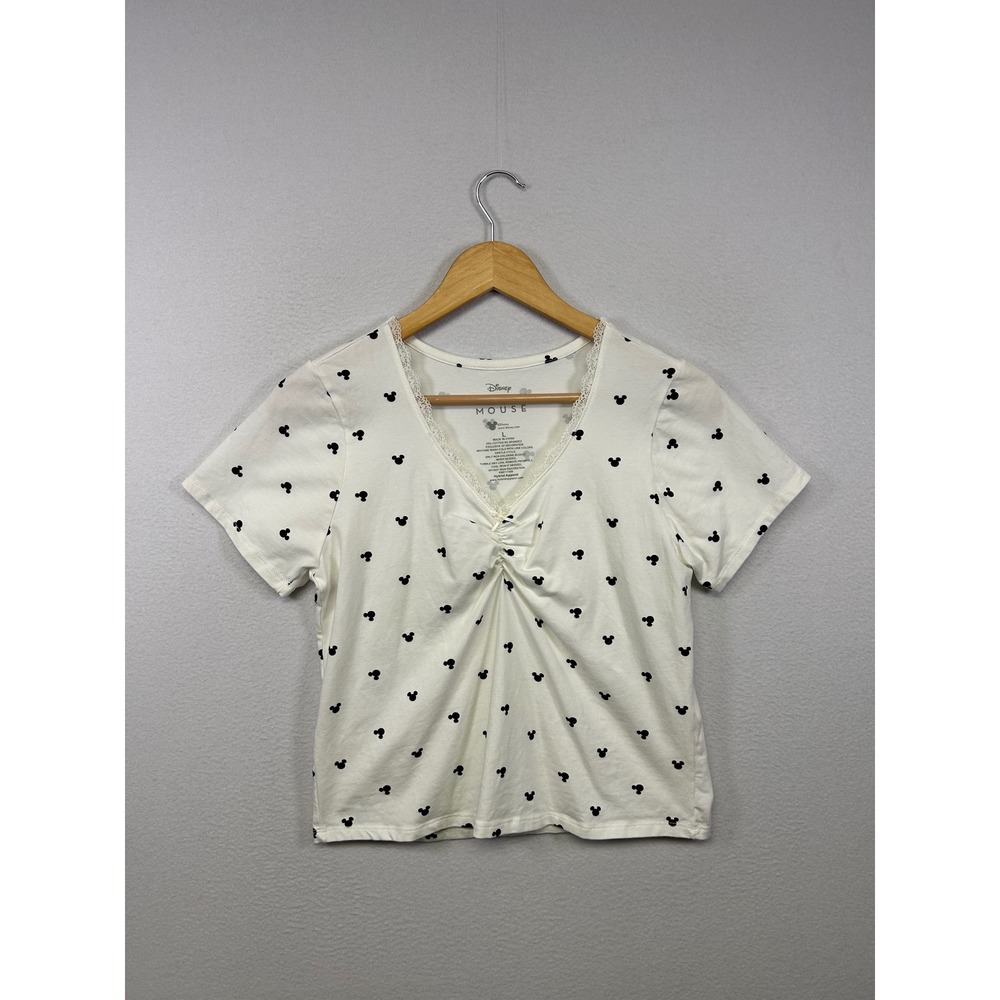 Disneycore Disney Womens Large White Mickey Mouse Lace Trim Ruched V-Neck Top